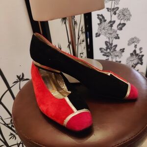 Andrew Geller Black and Red Suede Flats with Gold Trim And Pink Toes
